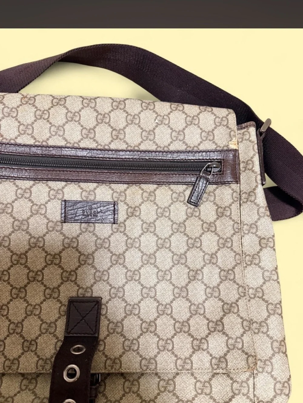 Gucci Beige & Brown GG Monogram Messenger Bag with Front Zip